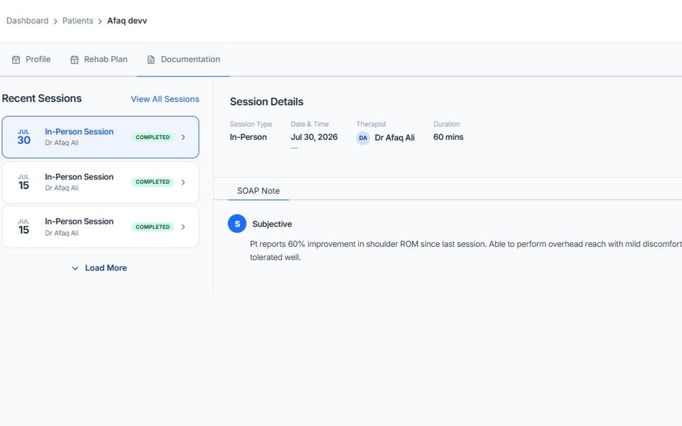 Rehabence patient progress tracking dashboard