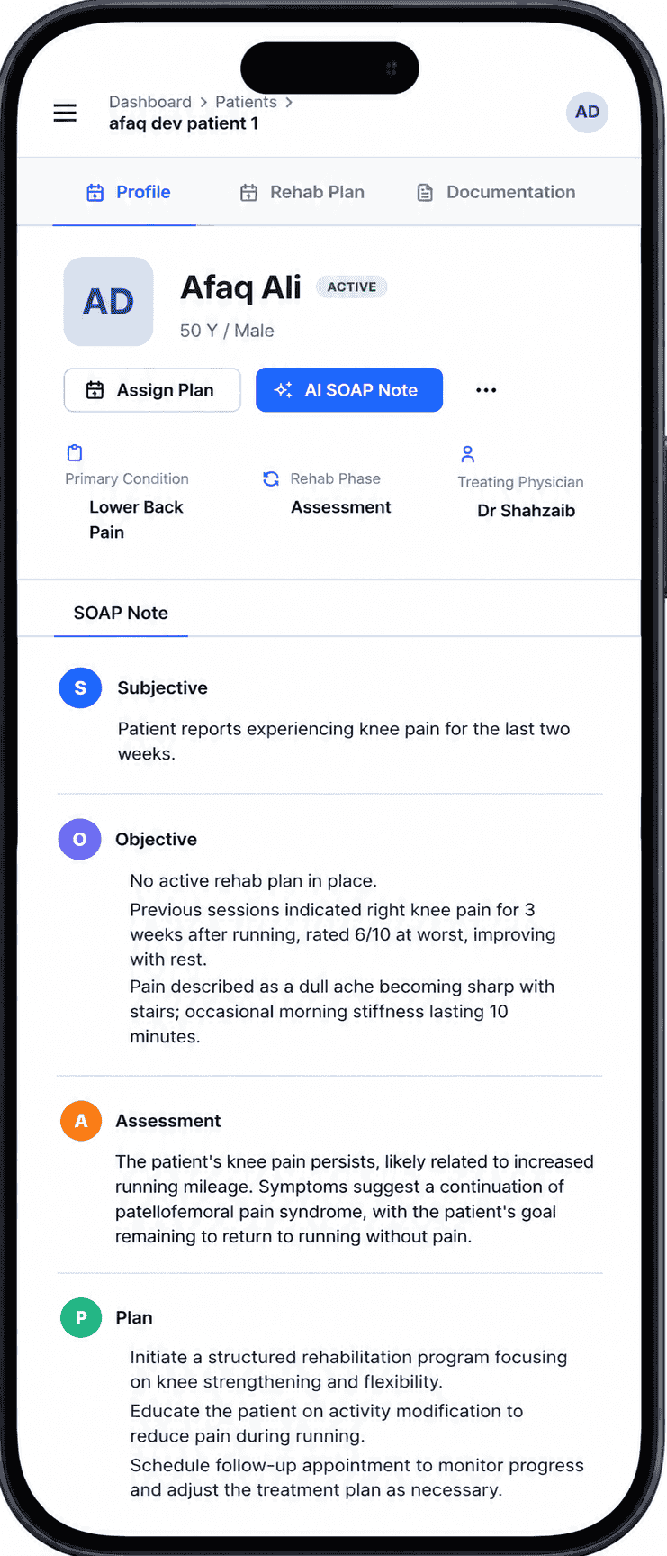 Rehabence AI-powered documentation dashboard